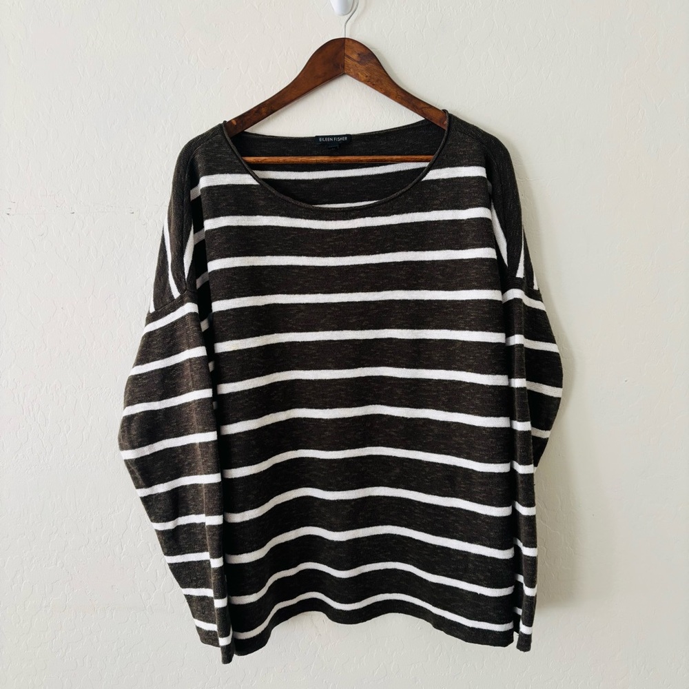Eileen Fisher Dark‎ Green White Striped Knit Light Sweater Top Sz XL Linen Blend
